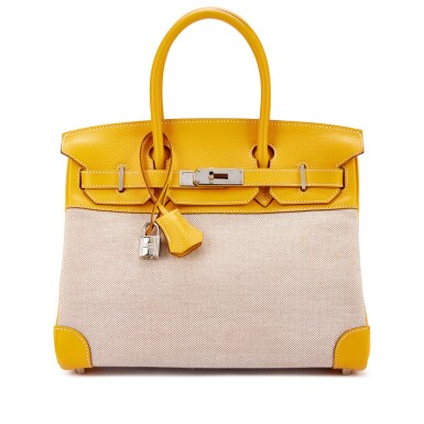 View full screen - View 1 of Lot 9647. Important Private Collection: Limited Edition Moutarde Epsom and Ecru Toile Birkin 30 Palladium Hardware, 2003.