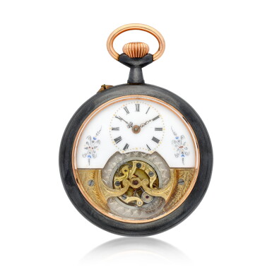 View full screen - View 1 of Lot 237. A gun metal open-faced keyless one-minute tourbillon watch with lever escapement Circa 1905, no. 896.