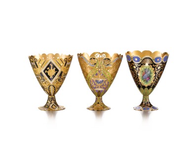 View full screen - View 1 of Lot 161. THREE GOLD, GILT AND ENAMELLED PARTLY OPENWORK ZARFS, SWITZERLAND FOR THE OTTOMAN MARKET, EARLY 19TH CENTURY.