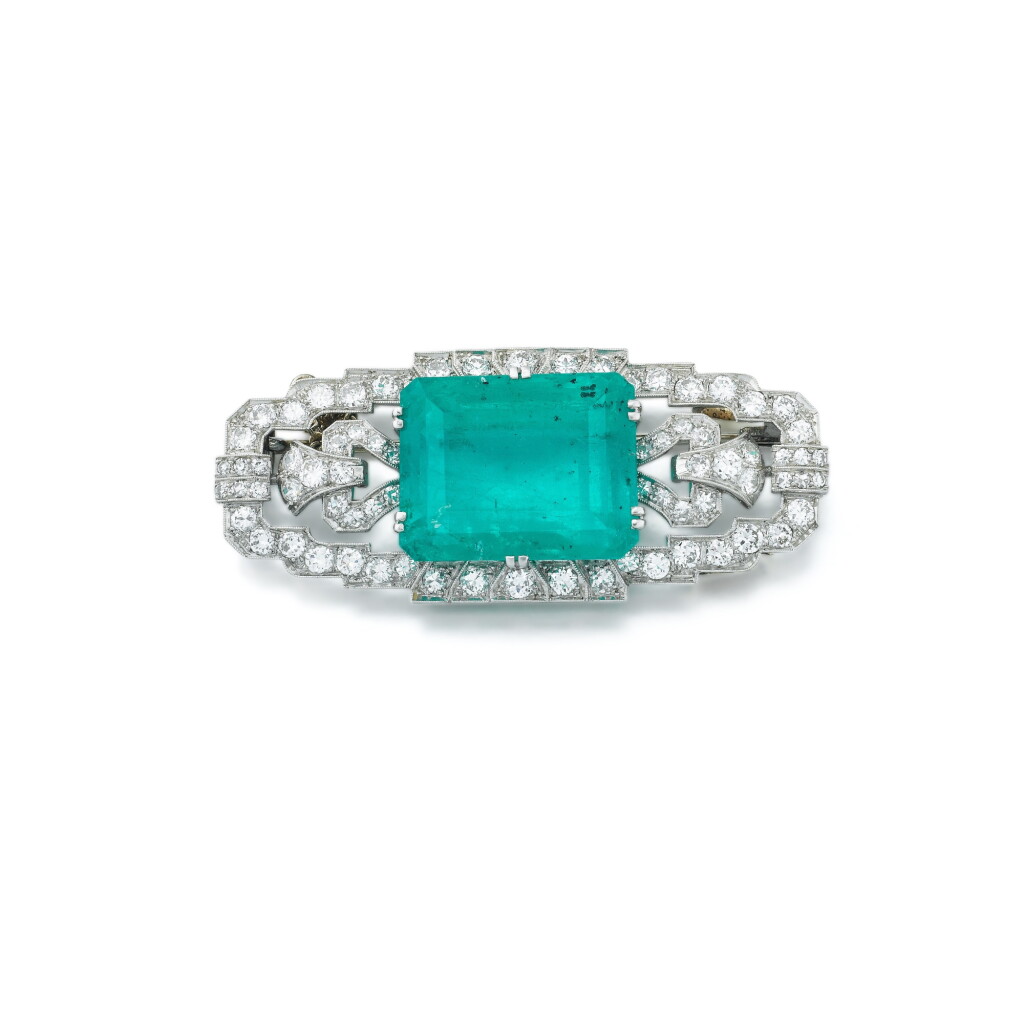 View full screen - View 1 of Lot 87. Emerald and diamond brooch .