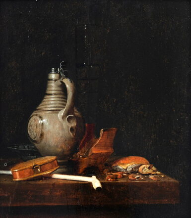 View full screen - View 1 of Lot 105. Still life of a glass, a jug, a brasero and a pipe arranged on a table.
