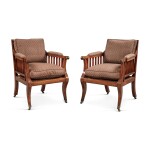 A Pair of Regency Gilt Metal-Mounted and Brass-Inlaid Mahogany Bergeres, Circa 1810