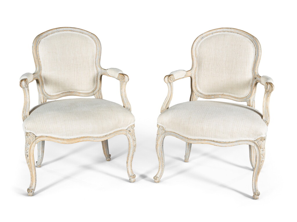View full screen - View 1 of Lot 102. A pair of Swedish painted and carved fauteuils à la Reine, mid-18th century.