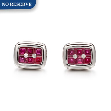 View full screen - View 1 of Lot 1030. Pair of Ruby and Diamond Cufflinks | 格拉夫| 紅寶石 配 鑽石 袖扣一對 (紅寶石共重約3.70克拉).