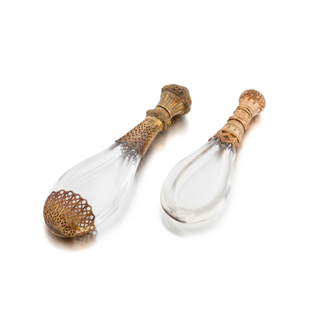 View full screen - View 1 of Lot 1160. A pair of gold-mounted rock crystal scent-bottles, Continental, circa 1840.