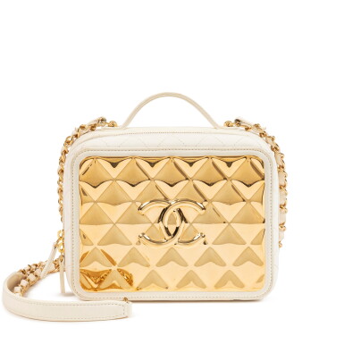View full screen - View 1 of Lot 639. White Quilted Lambskin and Gold Vanity Case Gold Hardware.