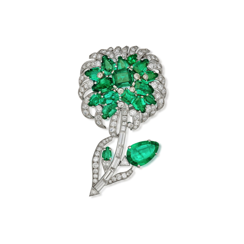View full screen - View 1 of Lot 49. Emerald and Diamond Clip-Brooch.