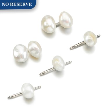 View full screen - View 1 of Lot 181. Cultured pearl cufflinks, Tiffany & Co.; and three dress studs.