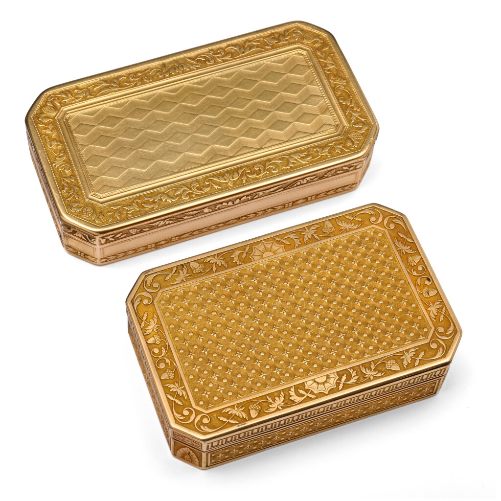 View full screen - View 1 of Lot 1247. Two gold cut-cornered rectangular snuff boxes, Geneva and Paris, early 19th century.