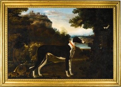 View full screen - View 1 of Lot 17. MICHELE PACE, CALLED MICHELANGELO DEL CAMPIDOGLIO | Portrait of a black and white greyhound belonging to the Chigi family, standing in a mountainous landscape | 米謝爾・佩斯 - 或稱米開朗基羅・德・坎皮多里奧 |《基吉家族之黑白色獵犬站於山景中的肖像》.