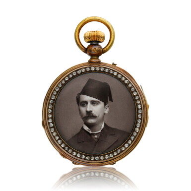 View full screen - View 1 of Lot 116. A yellow gold and diamond set demi hunting cased minute repeating watch with enamel portrait likely of Hussein Kamel El Dine, the second son of Khedive Ismail Pasha, Circa 1920.