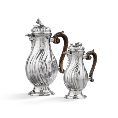 View full screen - View 1 of Lot 510. A German silver coffee pot and chocolate pot, by Jacob Wilhem Kolb, Augsburg, 1779-1781.