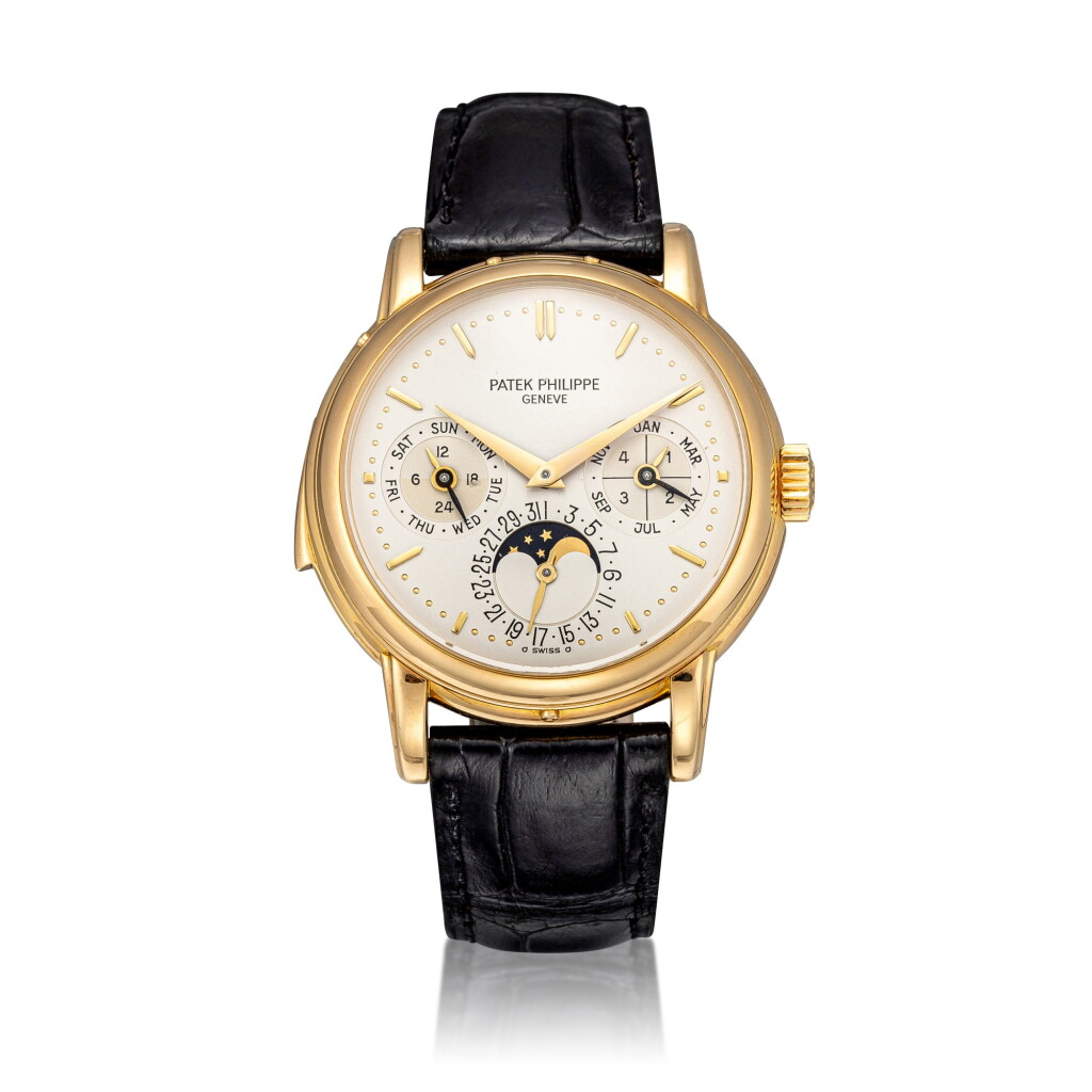 View full screen - View 1 of Lot 46. Ref. 3974 Yellow gold minute repeating perpetual calendar wristwatch with moon phases, 24-hour and leap-year indication Made in 1990 | 百達翡麗3974型號黃金三問萬年曆腕錶備月相、24小時及閏年顯示,1990年製.