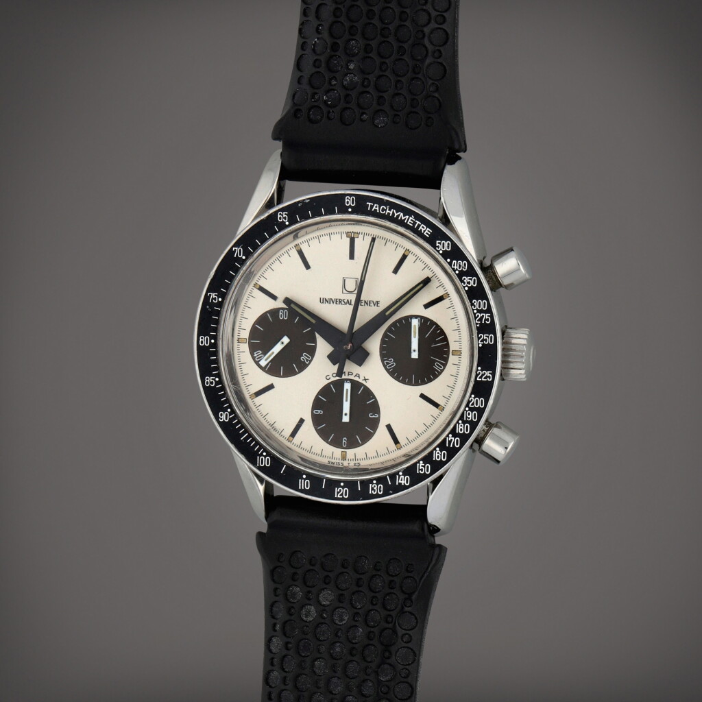 View full screen - View 1 of Lot 8. Compax 'Nina Rindt', Reference 885103/02 | Stainless steel chronograph wristwatch | Circa in 1970 | Universal Genève | Compax 'Nina Rindt' 型號885103/02 | 精鋼計時腕錶,製作年份約於1970.