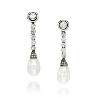 View full screen - View 1 of Lot 102. Pair of natural pearl and diamond earrings.