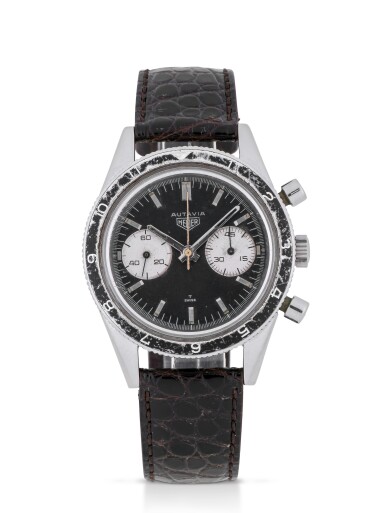 View full screen - View 1 of Lot 10. HEUER | 'MARIO ANDRETTI' AUTAVIA, REF 3646 STAINLESS STEEL CHRONOGRAPH WRISTWATCH MADE FOR THE ARGENTINIAN AIR FORCE CIRCA 1965.