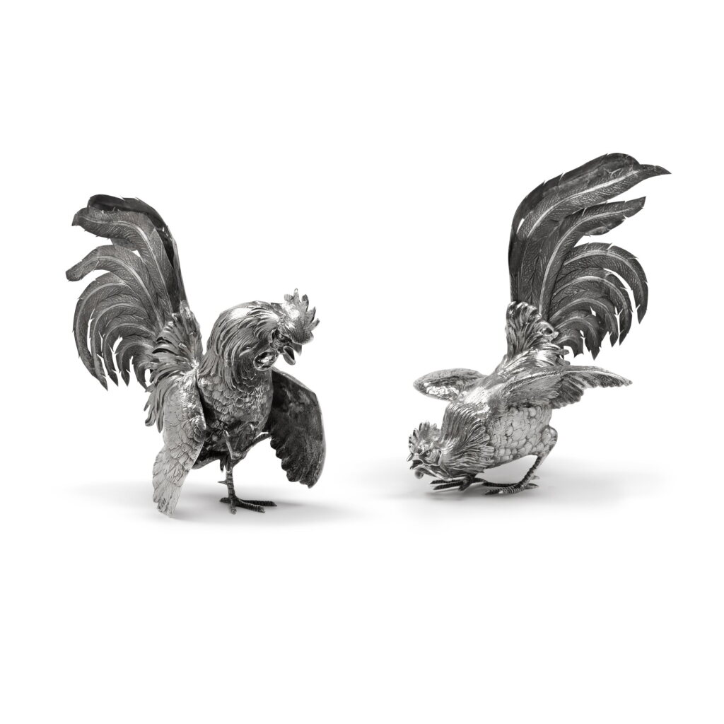 View full screen - View 1 of Lot 59. A Pair of English Silver Roosters, Edward Barnard & Sons Ltd, London, 1965.