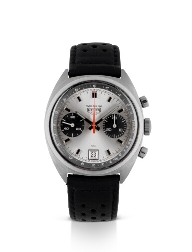 View full screen - View 1 of Lot 22. HEUER | CARRERA, REF 7853 STAINLESS STEEL CHRONOGRAPH WRISTWATCH WITH DATE CIRCA 1970.