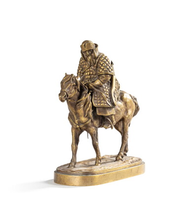 View full screen - View 1 of Lot 161. Mongolian horseman: a bronze sculpture based on the design by Evgeny Lanceray, probably Russia, 19th century | Cavalier mongole: sculpture en bronze après Evgeny Lanceray, probablement Russie, XIXe siècle .