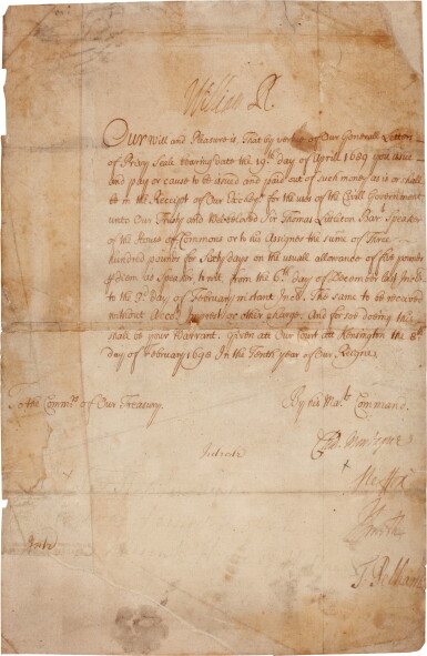 View full screen - View 1 of Lot 131. William III | document signed, warrant issuing funds to Sir Thomas Littleton, 8 February 1698.