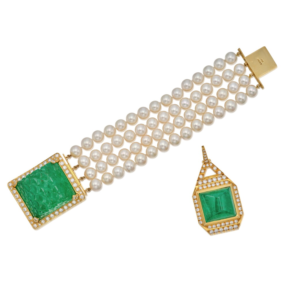 View full screen - View 1 of Lot 176. Emerald, Cultured Pearl and Diamond Bracelet and Emerald and Diamond Pendant.