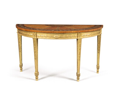 View full screen - View 1 of Lot 222. A George III style mahogany, satinwood, tulipwood and polychrome-painted demi-lune side table, probably Irish.