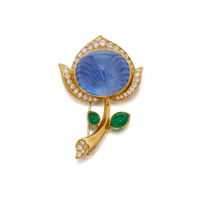 View full screen - View 1 of Lot 333. Gold, Sapphire, Emerald Diamond Clip-Brooch.