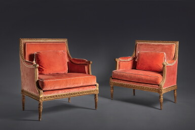 View full screen - View 1 of Lot 24. A Pair of Louis XVI Carved and Giltwood Marquises or Causeuses attributed to Georges Jacob, Circa 1784.