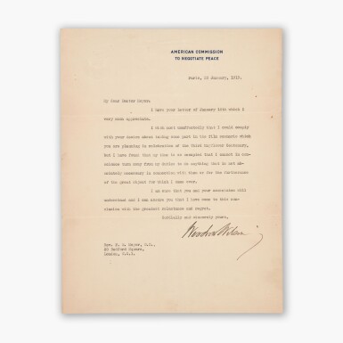 View full screen - View 1 of Lot 114. Woodrow Wilson | Typed letter signed, to Rev. F.B. Meyer, written from the Paris Peace Conference, January 1919.
