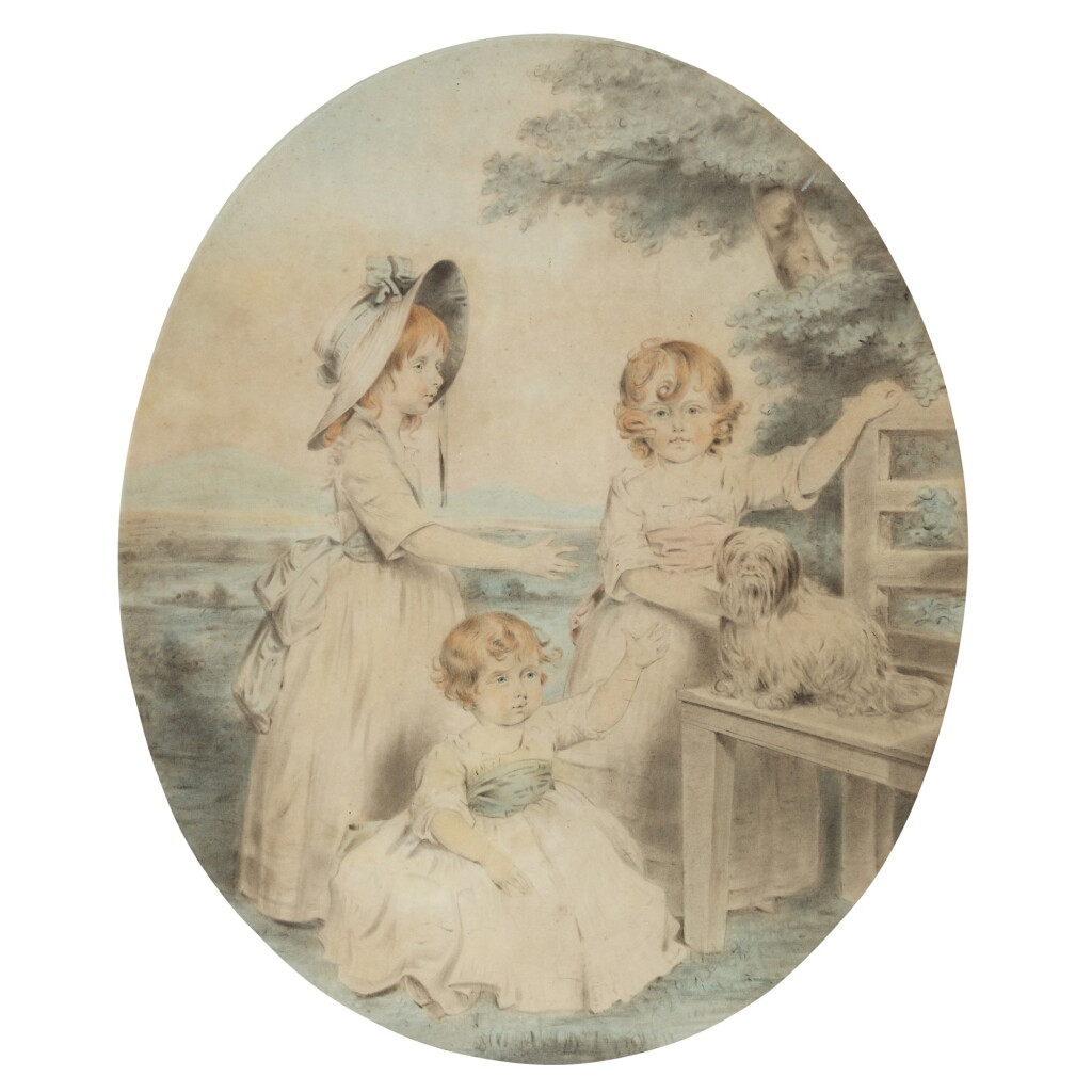 View full screen - View 1 of Lot 203. A group portrait of Lady Honora Elizabeth Hester Lambart (1784-1856), Lady Sophia Augusta Lambart (1787-1798), Lady Alicia Margaretta Hockmore Lambart (1785-1818) and their dog.