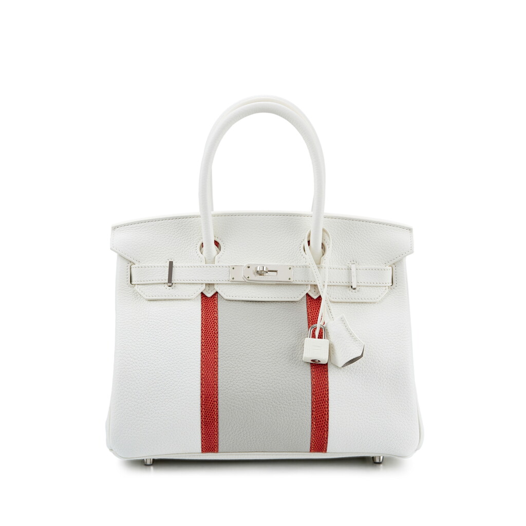 View full screen - View 1 of Lot 1038. Limited Edition Gris Perle, Blanc Clemence, and Sanguine Lizard Club Birkin 30 Palladium Hardware, 2011 .