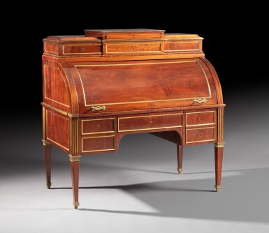 View full screen - View 1 of Lot 40. A Louis XVI gilt-bronze mahogany bureau à cylindre, by David Roentgen | Bureau à cylindre en acajou et bronze doré d'époque Louis XVI, par David Roentgen.