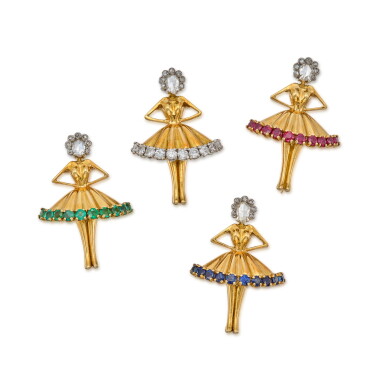 View full screen - View 1 of Lot 100. Four Gold, Colored Stone and Diamond Brooches, France.