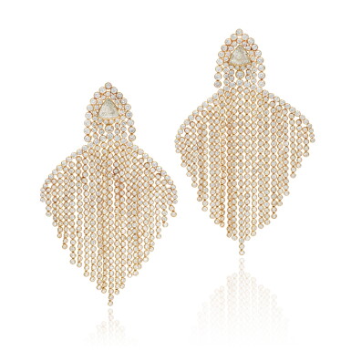 View full screen - View 1 of Lot 966. Pair of diamond pendent earrings.