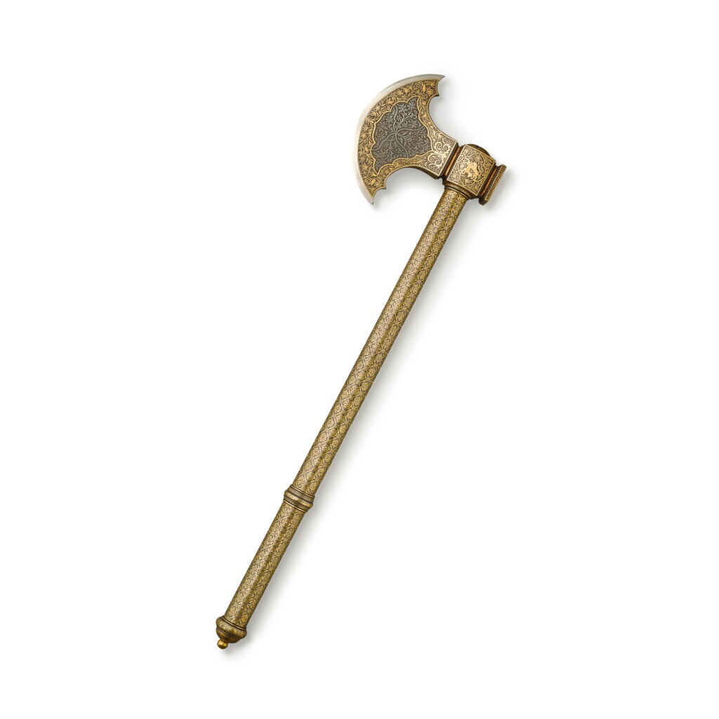 View full screen - View 1 of Lot 117. A fine gilt saddle-axe (tabarzin), North-west India, Bikaner, 18th century.
