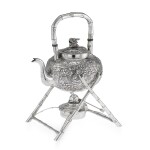 A CHINESE EXPORT SILVER TEA KETTLE AND BURNER ON STAND, PROBABLY WANG HING, CANTON OR HONG KONG, CIRCA 1900