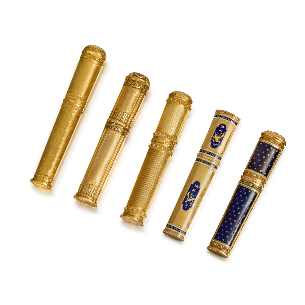 View full screen - View 1 of Lot 339. A Group of Five Gold and Enamel Bodkin Cases, Paris, Late 18th Century .