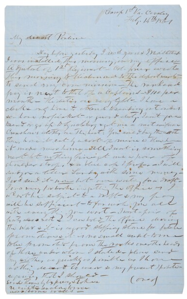 View full screen - View 1 of Lot 1039. Mosby, John Singleton | Three letters to his wife, 1861–1862, taking him from Bull Run to officer rank.
