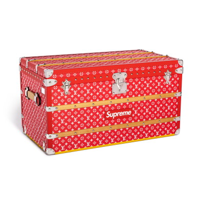 View full screen - View 1 of Lot 14. Louis Vuitton x Supreme | Red and White Monogram Coated Canvas Malle Courrier 90 Trunk Silver Hardware.