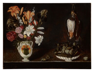 View full screen - View 1 of Lot 343. Still life with heraldic vase of flowers next to a shallow bowl of fruit and dead bird .