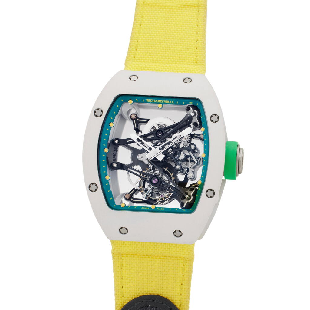 View full screen - View 1 of Lot 117. Reference 038 Prototype ‘Yohan Blake’ | A prototype magnesium alloy skeletonized tourbillon wristwatch, Circa 2012, Previously worn by Yohan Blake during the 2012 London Olympic Games .