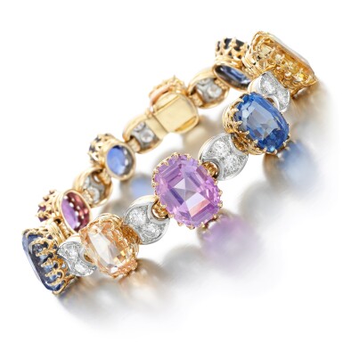 View full screen - View 1 of Lot 21. Coloured sapphire and diamond bracelet, 1970s.