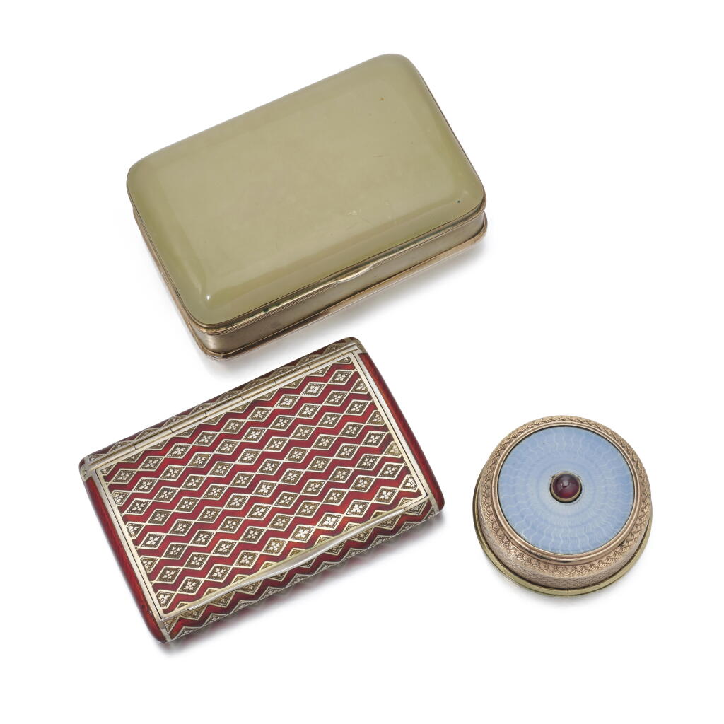 View full screen - View 1 of Lot 17. Two enamel and hardstone cigarette case and a table buzzer | Due porta sigarette e campanello in smalti e pietra dura.