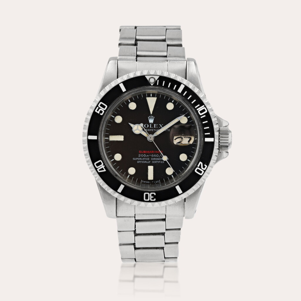 View full screen - View 1 of Lot 383. Submariner, 'Red meters first' reference 1680 Montre bracelet en acier avec date | Stainless steel wristwatch with date and bracelet Vers 1970 | Circa 1970.