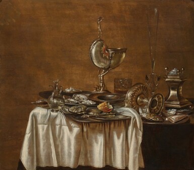 View full screen - View 1 of Lot 1074. Still life with a Nautilus cup, flute, silverware, oysters and bread on a table.
