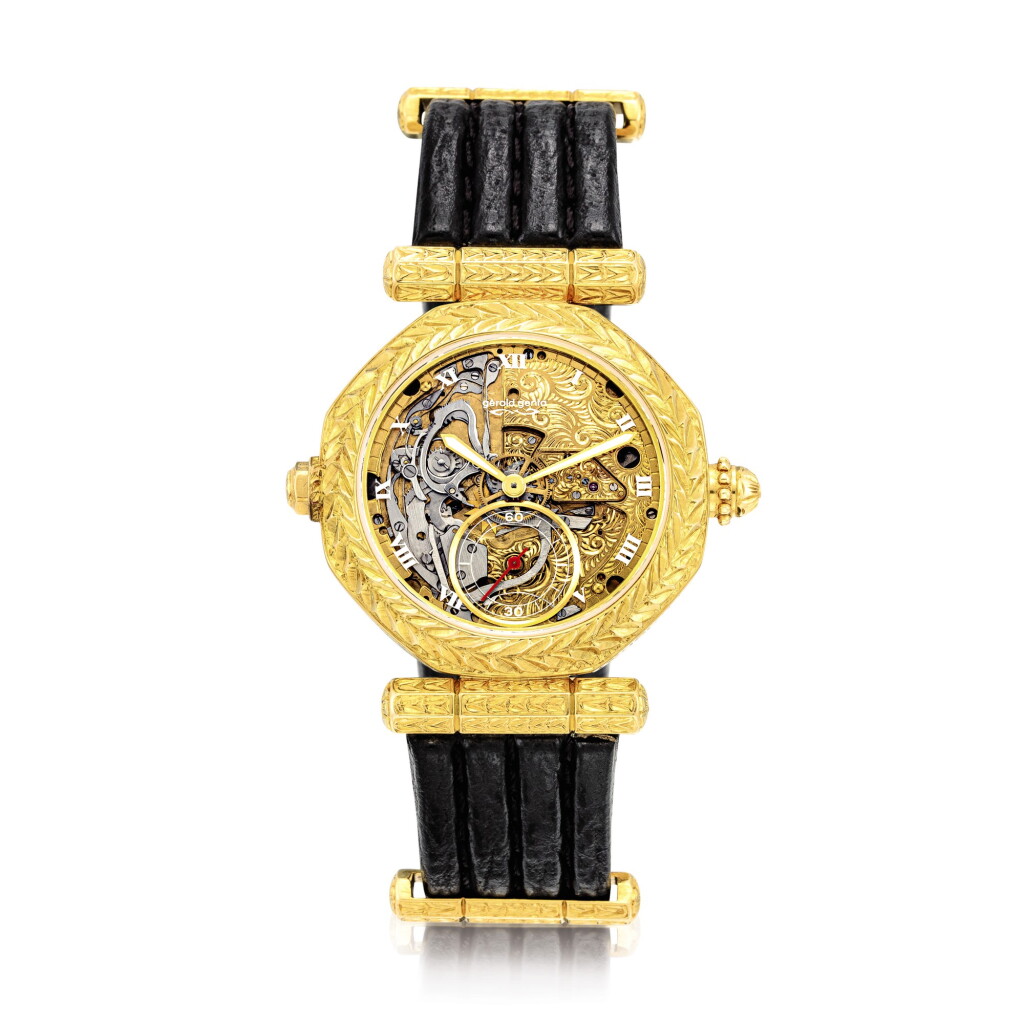 View full screen - View 1 of Lot 2196. Gerald Genta | Reference 40164, A yellow gold skeletonised tourbillon minute repeating wristwatch, Circa 1990 | 型號40164 黃金陀飛輪三問鏤空腕錶,約1990年製.