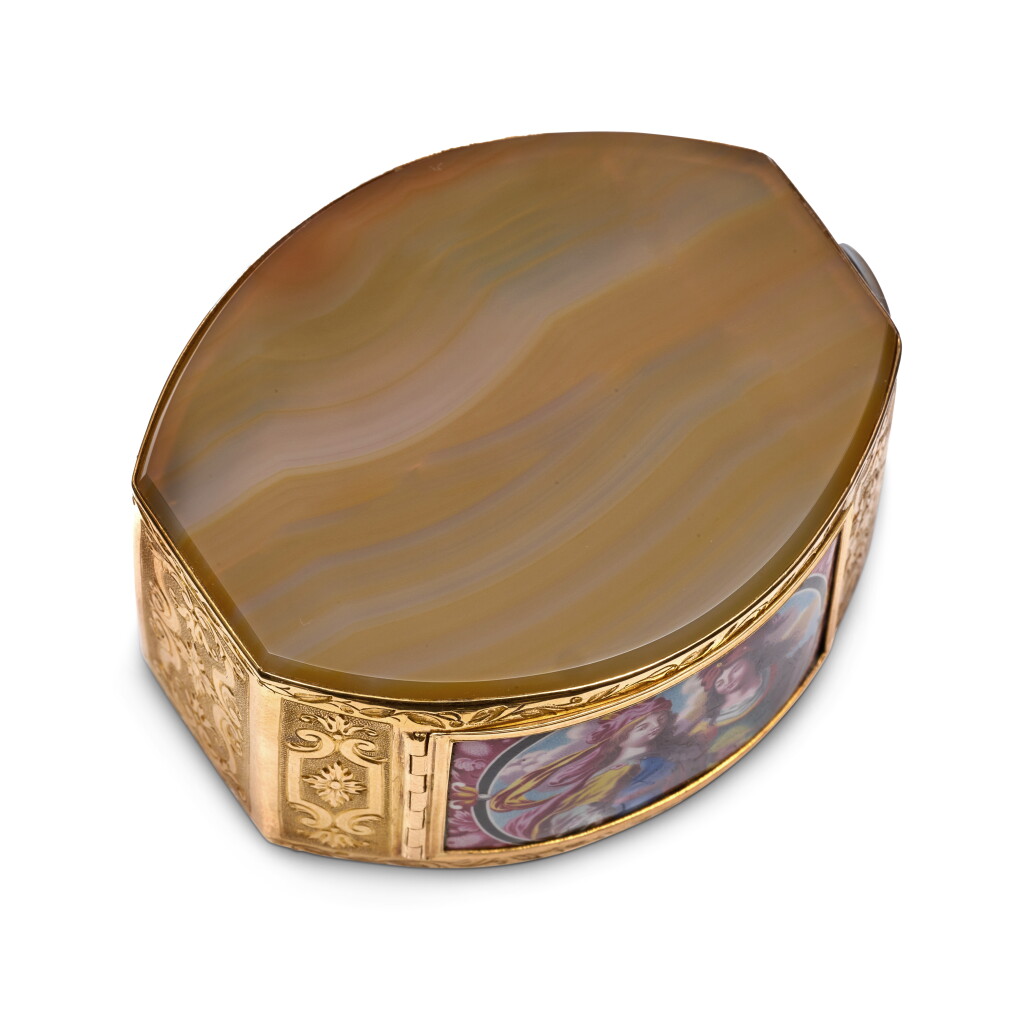View full screen - View 1 of Lot 1178. A triple-opening jewelled gold, enamel and hardstone snuff box, the enamels Augsburg, circa 1670, the box late nineteenth century .