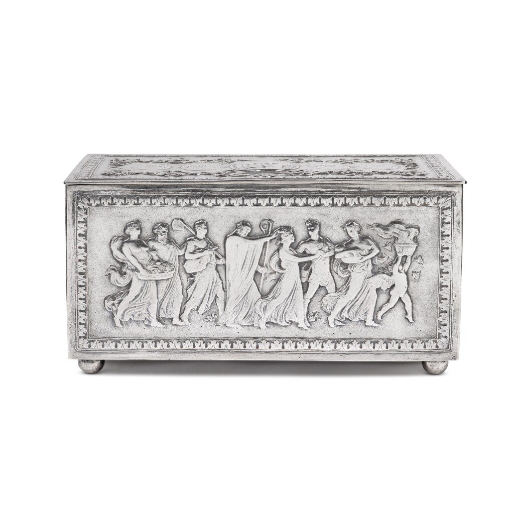 View full screen - View 1 of Lot 801. American Silver Presentation Casket, Designed by Evelyn Beatrice Longman, Executed by Gorham Mfg. Co., Providence, RI, Dated 1916.