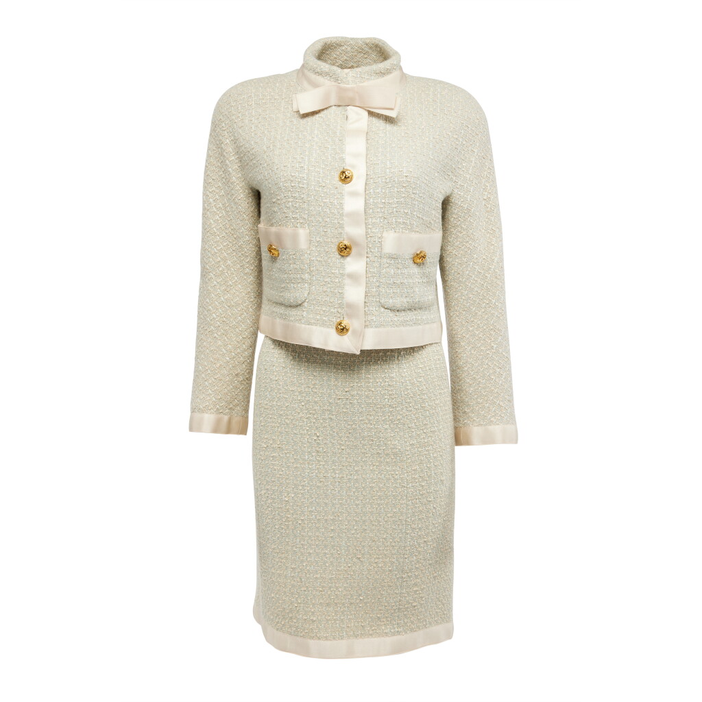 View full screen - View 1 of Lot 105. By Karl Lagerfeld Pale-blue and Ivory Tweed Suit, late 1980s-early 1990s.