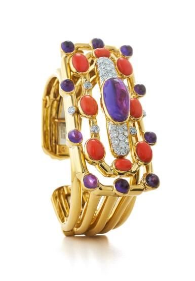 View full screen - View 1 of Lot 29. DAVID WEBB | GOLD, CORAL, AMETHYST AND DIAMOND CUFF-BRACELET.